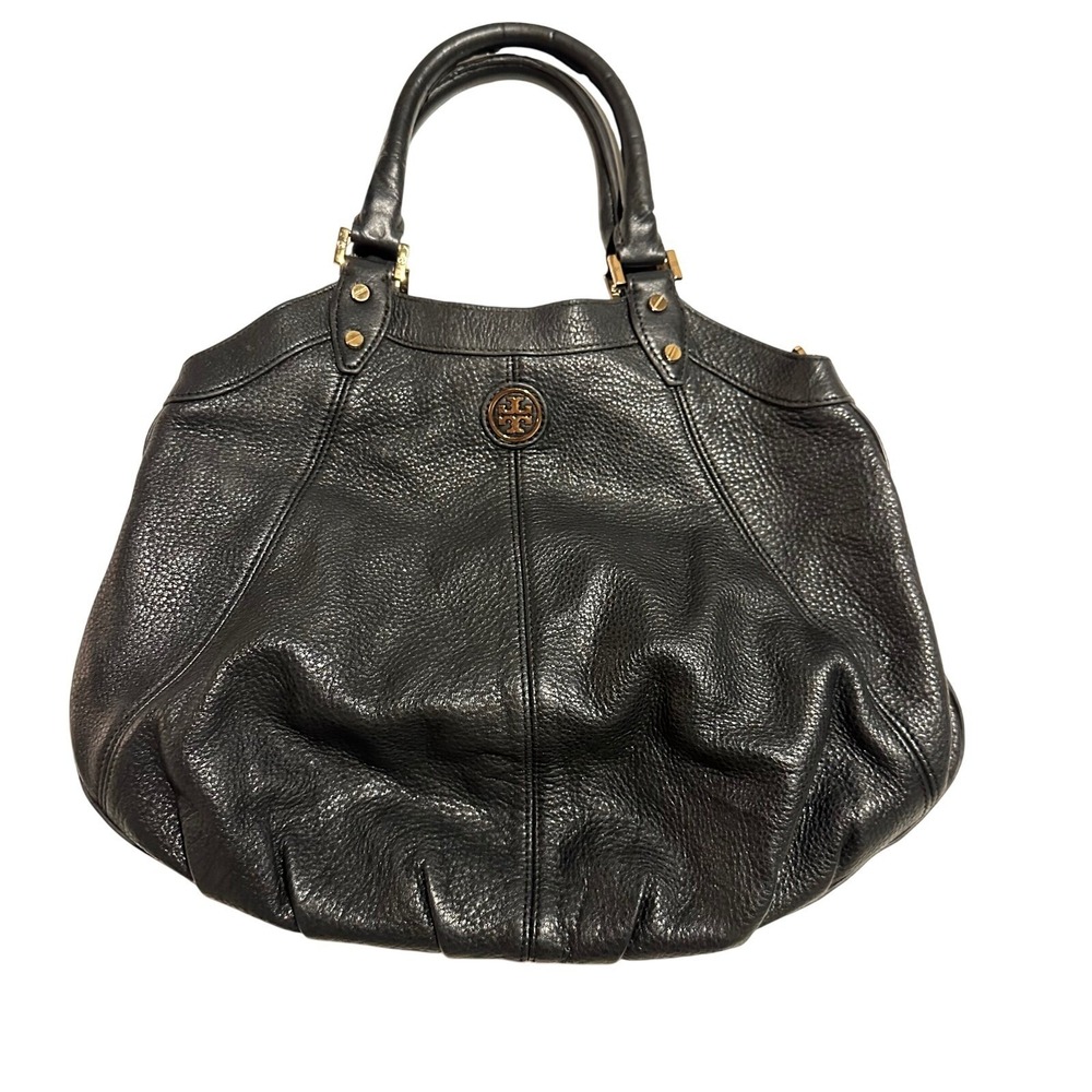 Tory Burch Hobo Bag Purse Large Black‎ Pebbled Leather Dakota Gold Logo Slouchy